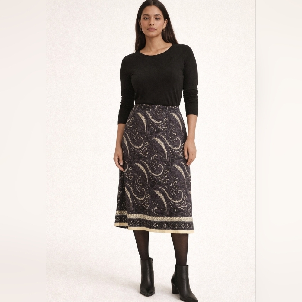 Vintage Silk False Wrap Skirt Black and Cream Paisley